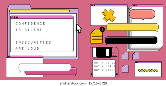 Abstract background with virtual screens, speech bubbles and icons of files. Concept of landing page, UI and UX design in vaporwave retrofuturistic style.