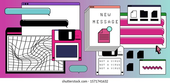 Abstract background with virtual screens, speech bubbles and icons of files. Concept of landing page and web design, programming and coding. Vaporwave retrofuturistic style illustration.