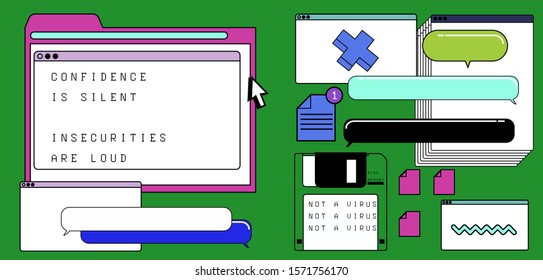 Abstract background with virtual screens, speech bubbles and icons of files. Concept of landing page and web design, programming and coding. Vaporwave retrofuturistic style illustration.