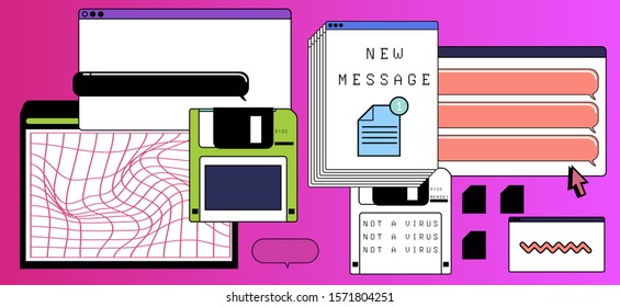 Abstract background with virtual screens, speech bubbles and icons of files. Concept of landing page and web design, programming and coding. Vaporwave retrofuturistic style illustration.