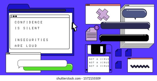 Abstract background with virtual screens, speech bubbles and icons of files. Concept of landing page and web design, programming and coding. Vaporwave retrofuturistic style illustration.