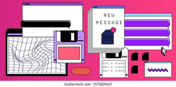 Abstract background with virtual screens, speech bubbles and icons of files. Concept of landing page and web design, programming and coding. Vaporwave retrofuturistic style illustration.