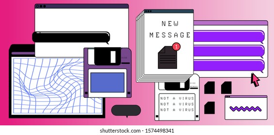 Abstract background with virtual screens, speech bubbles and icons of files. Concept of landing page and web design, programming and coding. Vaporwave retrofuturistic style illustration.