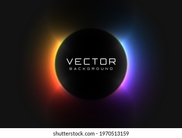 Abstract background with vivid neon colorful light behind the black circle. Eclipse concept. Design of banner, poster, flyer for cybersport, and advertising. Vector illustration.