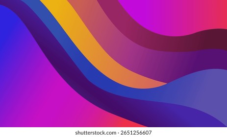 Abstrakter Hintergrund mit volumetrischen, fließenden Schichten in einem lebendigen Farbverlauf von violett, orange und gelb. Ein tiefes und dynamisches Design mit einem kraftvollen 3D-Liquid-Effekt.