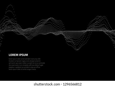 Abstract background with volumetric forms of particles. Particle oscillation and motion of waves in space.