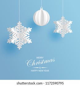 Abstract background with volumetric paper snowflakes and christmas ball. White 3D snowflakes and decorations. Xmas and new year card template. Winter paper art design