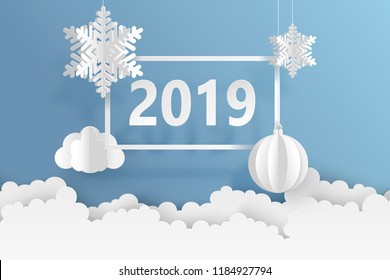 Abstract background with volumetric paper snowflakes and christmas ball. White 3D snowflakes and decorations. 2019 new year card template. Winter paper art design