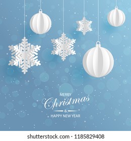 Abstract background with volumetric paper snowflakes and christmas ball. White 3D snowflakes and decorations. Xmas and new year card template. Winter paper art design