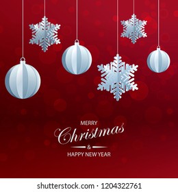 Abstract background with volumetric paper snowflakes and christmas ball. White 3D snowflakes and decorations. Xmas and new year card template. Winter paper art design