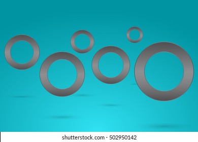 Abstract background wallpaper with rounded steel flying objects with drop shadow. Levitating dark gray circles in space with shadow on blue gradient backdrop.