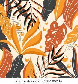 Abstract background in warm colors with tropical leaves. Vector design. Flat jungle print. Floral background.