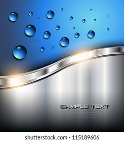 Abstract background with water drops on blue, metallic background, vector.