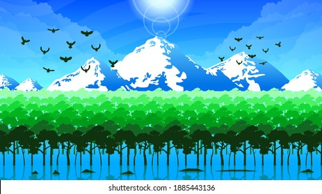 Abstract Background With Water Mountains Clouds Vector Tree Forest Design Style Nature Landscape