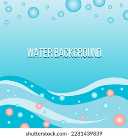 Abstract background with water texture of blue waves and pink pearls. Vector graphic image. Background design, social network post, banner, flyer, postcard. Place for text  