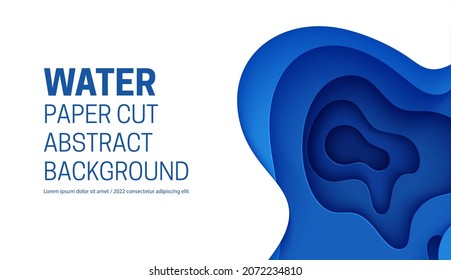 Abstract background with water waves in paper cut style. 3d wallpaper with cut out deep wavy modern cover. Blue color layers with smooth shadow papercut art. Vector illustration, origami shapes.