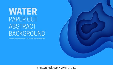 Abstract Background With Water Waves In Paper Cut Style. 3d Wallpaper With Cut Out Deep Wavy Modern Cover. Blue Color Layers With Smooth Shadow Papercut Art. Vector Illustration, Origami Shapes.