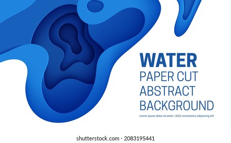 Abstract Background With Water Waves In Paper Cut Style. 3d Wallpaper With Cut Out Deep Wavy Modern Cover. Blue Color Layers With Smooth Shadow Papercut Art. Vector Illustration, Origami Shapes.