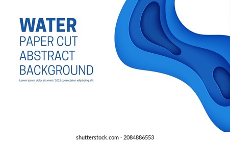 Abstract background with water waves in paper cut style. 3d wallpaper with cut out deep wavy modern cover. Blue color layers with smooth shadow papercut art. Vector illustration, origami shapes.