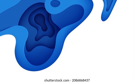 Abstract background with water waves in paper cut style. 3d wallpaper with cut out deep wavy modern cover. Blue color layers with smooth shadow papercut art. Vector illustration, origami shapes.