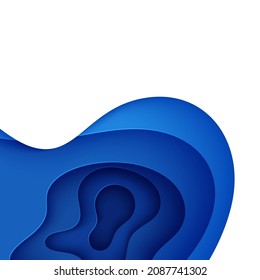 Abstrakter Hintergrund mit Wasserwellen im Papierschnitt-Stil. 3D-Tapete mit ausgeschnittenem, hochglänzendem, modernem Cover. Blaue Farbschichten mit glatter Schattenpappe, Vektorgrafik, Origami-Formen.