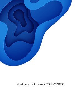 Abstract background with water waves in paper cut style. 3d wallpaper with cut out deep wavy modern cover. Blue color layers with smooth shadow papercut art. Vector illustration, origami shapes.