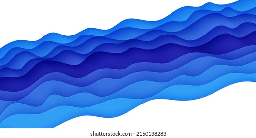 Abstract background with water waves in paper cut style. 3d wallpaper with cut out deep wavy modern cover. Blue color layers with smooth shadow papercut art. Vector illustration, origami shapes.