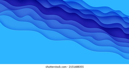 Abstract background with water waves in paper cut style. 3d wallpaper with cut out deep wavy modern cover. Blue color layers with smooth shadow papercut art. Vector illustration, origami shapes.