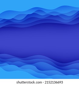 Abstract background with water waves in paper cut style. 3d wallpaper with cut out deep wavy modern cover. Blue color layers with smooth shadow papercut art. Vector illustration, origami shapes.