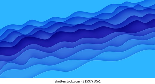 Abstract background with water waves in paper cut style. 3d wallpaper with cut out deep wavy modern cover. Blue color layers with smooth shadow papercut art. Vector illustration, origami shapes.