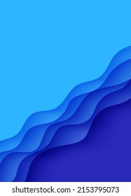 Abstract background with water waves in paper cut style. 3d wallpaper with cut out deep wavy modern cover. Blue color layers with smooth shadow papercut art. Vector illustration, origami shapes.