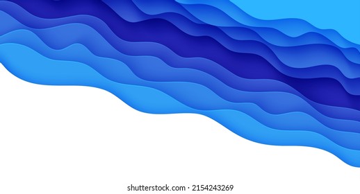 Abstract background with water waves in paper cut style. 3d wallpaper with cut out deep wavy modern cover. Blue color layers with smooth shadow papercut art. Vector illustration, origami shapes.
