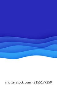 Abstrakter Hintergrund mit Wasserwellen im Papierschnitt-Stil. 3D-Tapete mit ausgeschnittenem, hochglänzendem, modernem Cover. Blaue Farbschichten mit glatter Schattenpappe, Vektorgrafik, Origami-Formen.