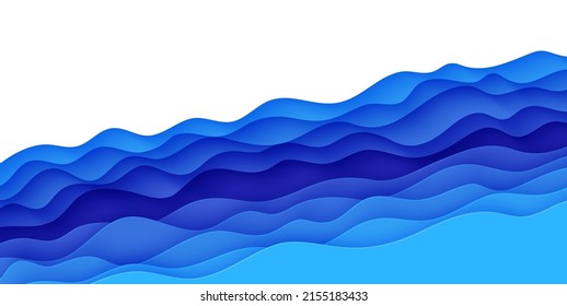 Abstract background with water waves in paper cut style. 3d wallpaper with cut out deep wavy modern cover. Blue color layers with smooth shadow papercut art. Vector illustration, origami shapes.