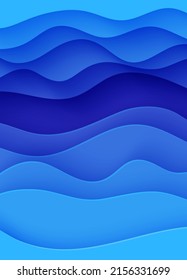 Abstract background with water waves in paper cut style. 3d wallpaper with cut out deep wavy modern cover. Blue color layers with smooth shadow papercut art. Vector illustration, origami shapes.