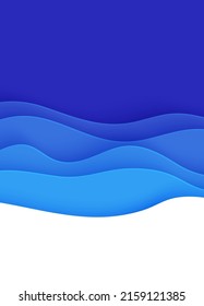 Abstract background with water waves in paper cut style. 3d wallpaper with cut out deep wavy modern cover. Blue color layers with smooth shadow papercut art. Vector illustration, origami shapes.