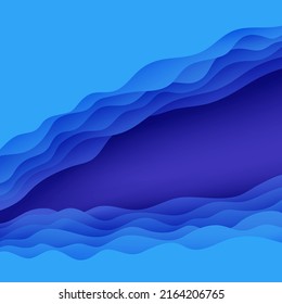 Abstract background with water waves in paper cut style. 3d wallpaper with cut out deep wavy modern cover. Blue color layers with smooth shadow papercut art. Vector illustration, origami shapes.