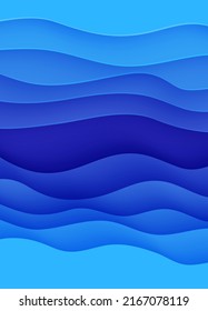 Abstract Background With Water Waves In Paper Cut Style. 3d Wallpaper With Cut Out Deep Wavy Modern Cover. Blue Color Layers With Smooth Shadow Papercut Art. Vector Illustration, Origami Shapes.