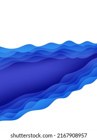 Abstract background with water waves in paper cut style. 3d wallpaper with cut out deep wavy modern cover. Blue color layers with smooth shadow papercut art. Vector illustration, origami shapes.
