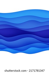 Abstract background with water waves in paper cut style. 3d wallpaper with cut out deep wavy modern cover. Blue color layers with smooth shadow papercut art. Vector illustration, origami shapes.