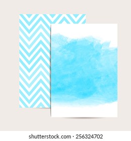 Abstract background. Watercolor art. Set of 2 blue  invitation cards. Wedding invitation,greeting card. Place for your text. Classic chevron. Watercolor blue stain. Vector editable template.