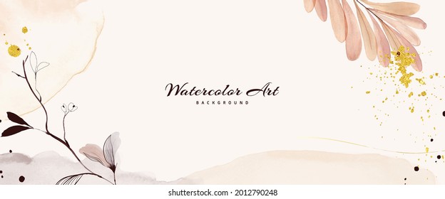 Abstract background watercolor with botanical decorative gold drops