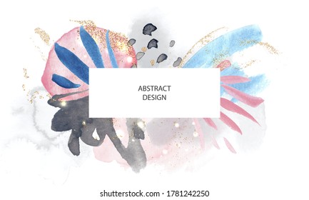 Abstract background with watercolor brush strokes and gold glitter.Modern fashion design, vector illustration