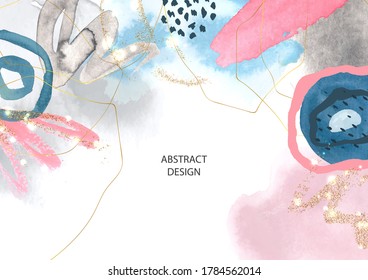 Abstract background with watercolor brush strokes and gold glitter.Modern fashion design, vector illustration