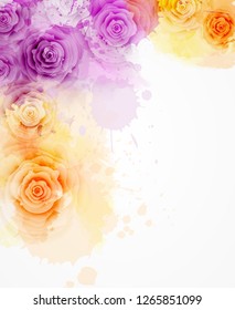 Abstract background with watercolor colorful splashes and rose flowers. Purple and orange colored. Template for your designs, such as wedding invitation, greeting card, posters, etc.