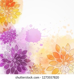 Abstract background with watercolor colorful splashes and flowers. Purple and orange colored. Template for your designs, such as wedding invitation, greeting card, posters, etc.