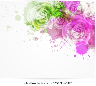 Abstract background with watercolor colorful splashes and rose flowers. Green and pink colored. Template for your designs, such as wedding invitation, greeting card, posters, etc.