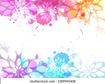 Abstract background with watercolor colorful splashes and flowers. Bright multicolored splashes. Template for your designs, such as wedding invitation, greeting card, posters, etc.
