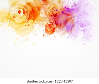 Abstract background with watercolor colorful splashes and rose flowers. Purple and orange colored. Template for your designs, such as wedding invitation, greeting card, posters, etc.