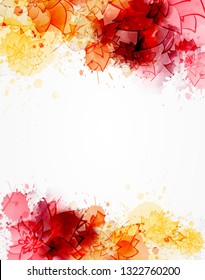 Abstract background with watercolor colorful splashes and abstract flowers. Orange and red colored. Template for your designs, such as wedding invitation, greeting card, posters, etc.